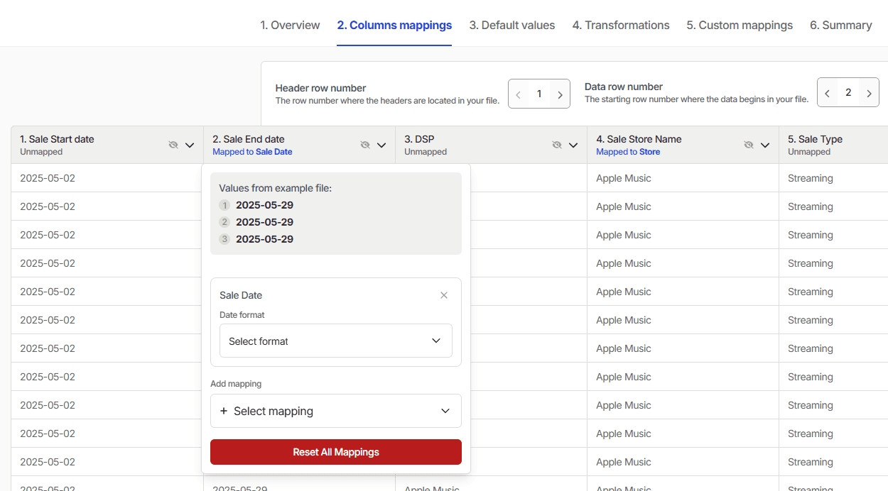 Qlero file mapping screen with source columns, example values, and sale-date mapping